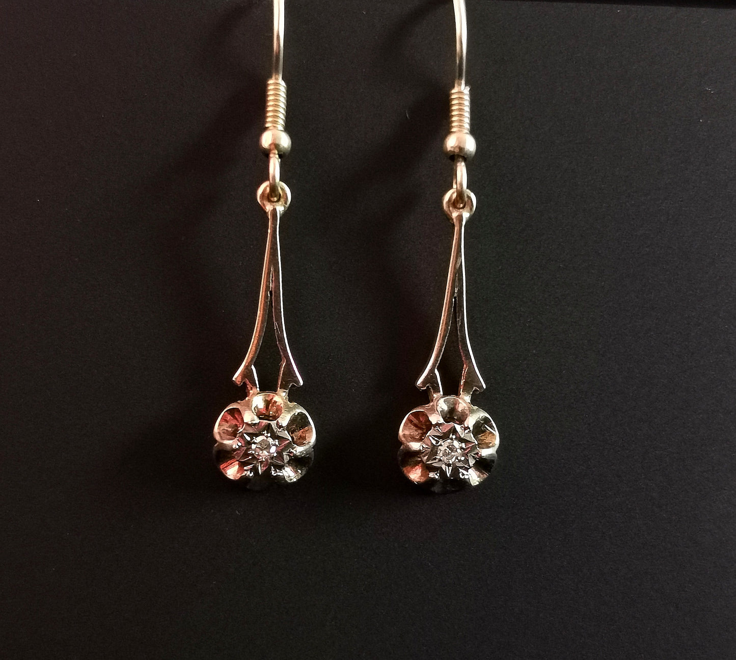 Antique Diamond drop earrings, 9ct gold, Edwardian