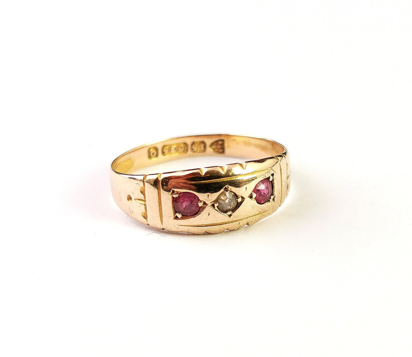 Antique Ruby and Diamond gypsy set ring, 15ct gold, Victorian