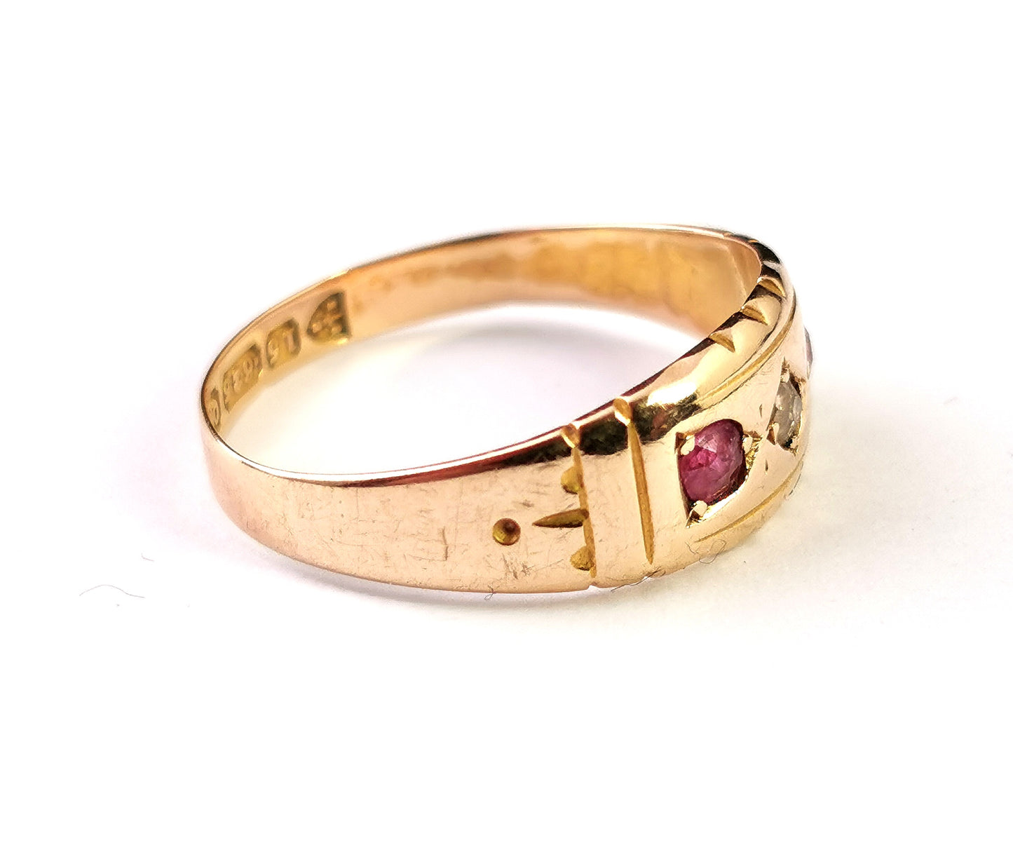 Antique Ruby and Diamond gypsy set ring, 15ct gold, Victorian