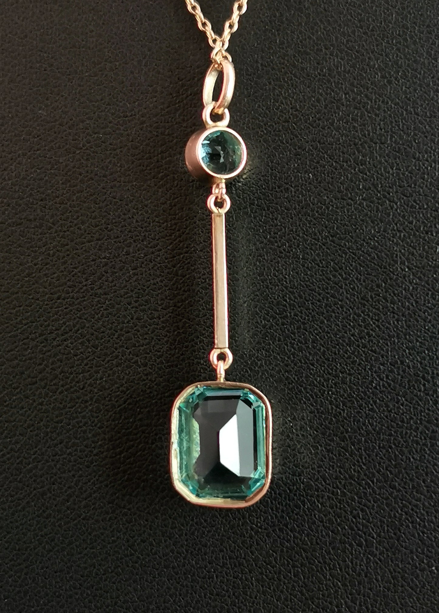 Antique Art Deco Blue Zircon drop pendant, 9ct gold necklace