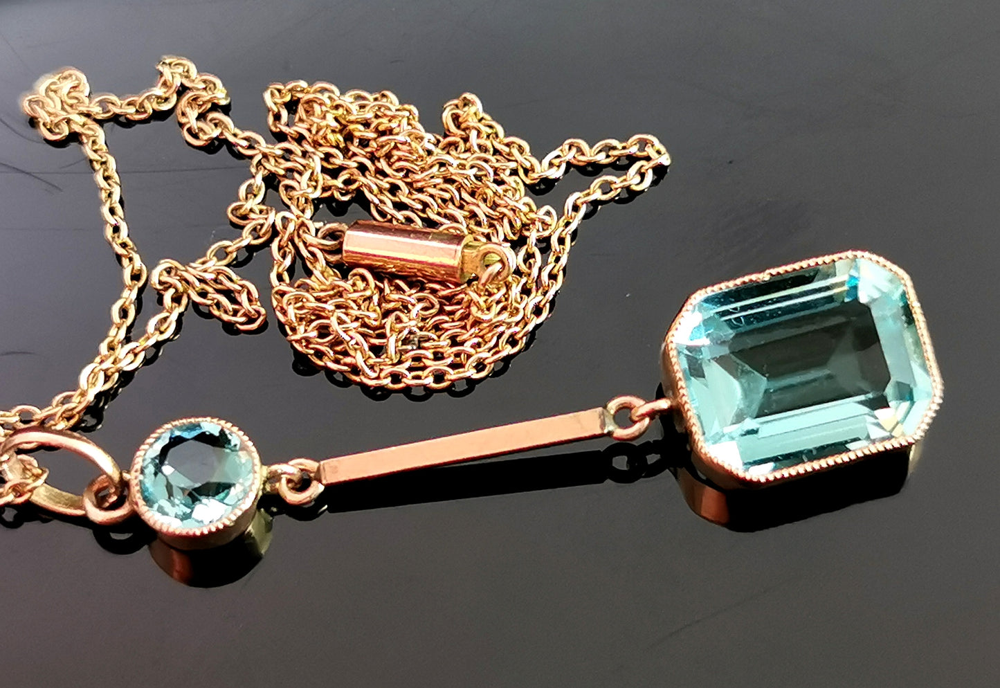 Antique Art Deco Blue Zircon drop pendant, 9ct gold necklace