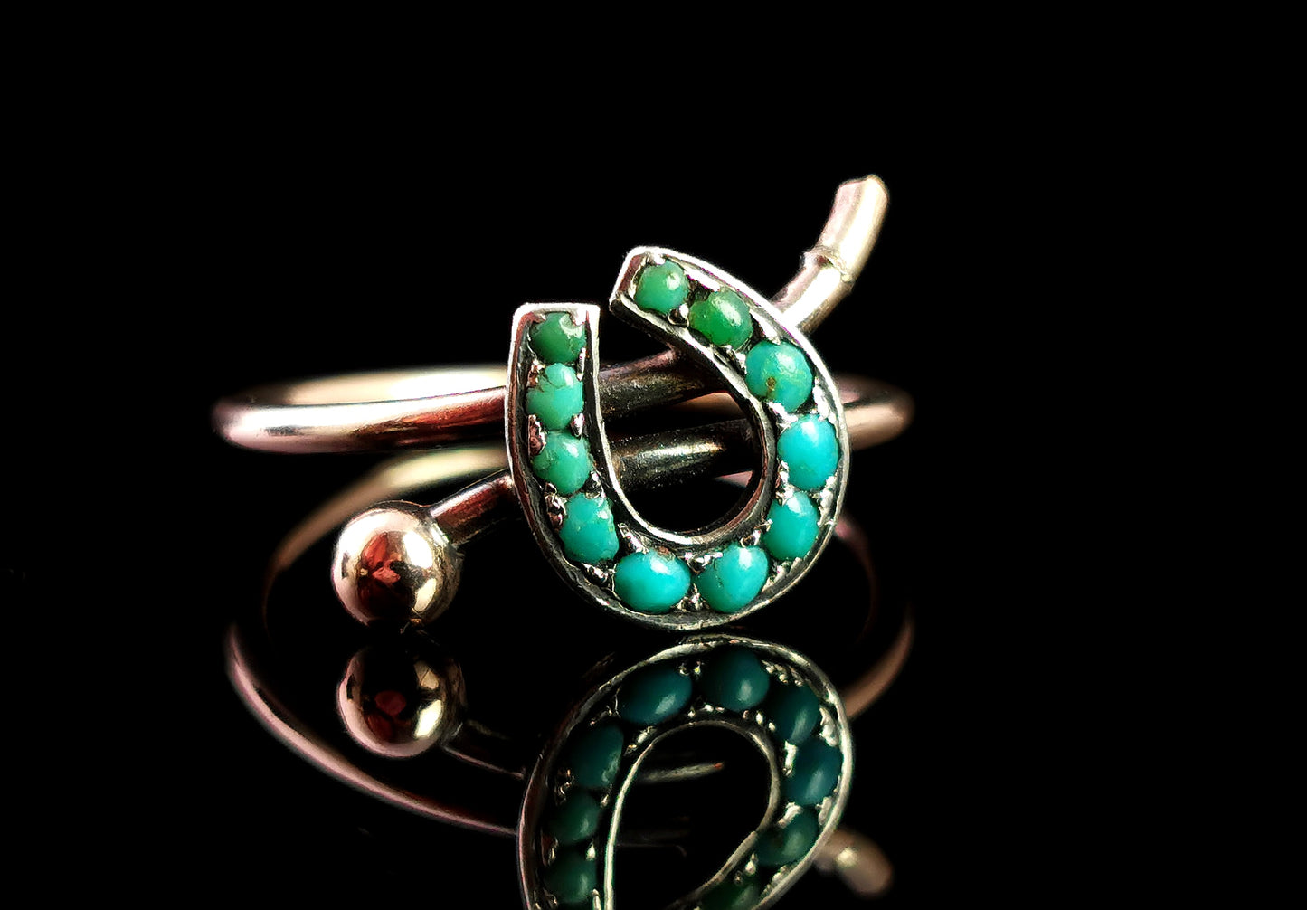 Antique Turquoise horseshoe and crop ring, 9ct Rose gold and sterling silver