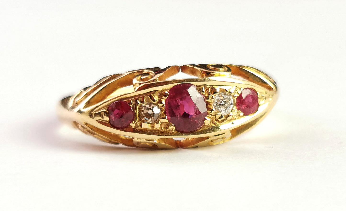 Antique Ruby and Diamond boat head ring, 18ct gold, Art Deco