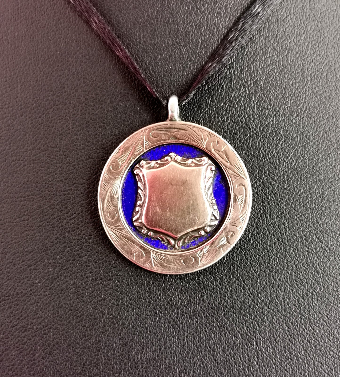 Vintage Sterling silver, 9ct Rose gold and blue enamel fob pendant