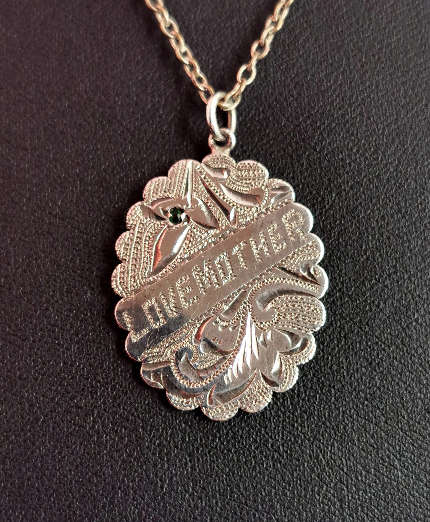 Antique silver Love Mother pendant, Ivy leaf, necklace