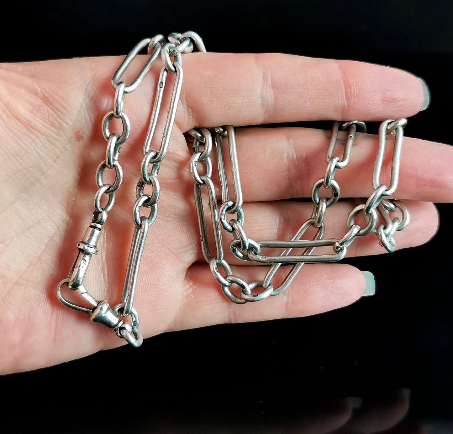 Antique silver Albert chain, watch chain necklace, Trombone link, Victorian