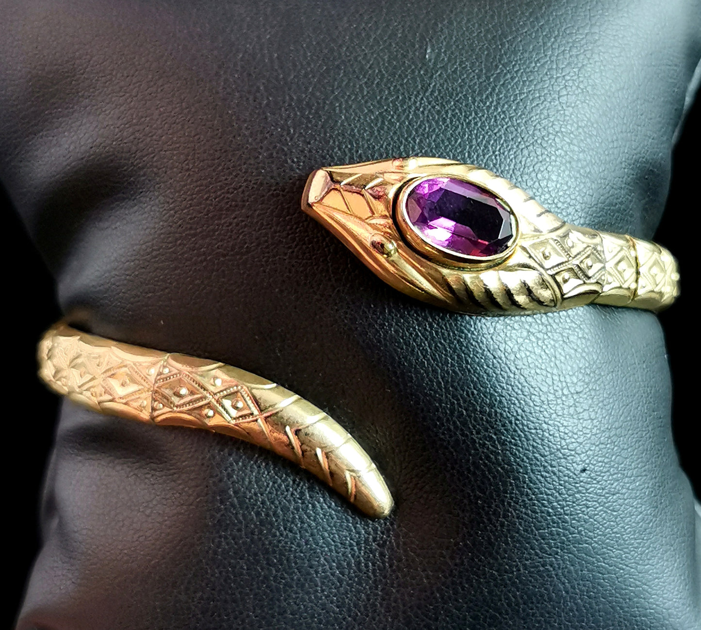 Vintage Art Deco snake bangle, rolled gold, Amethyst paste, Andreas Daub