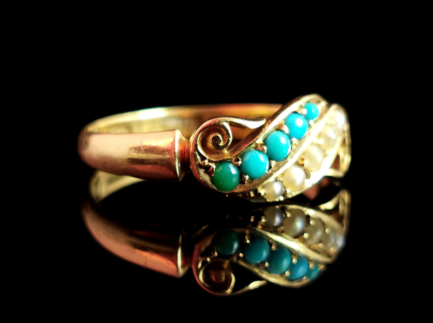 Antique Turquoise and pearl ring, 18ct gold, Victorian
