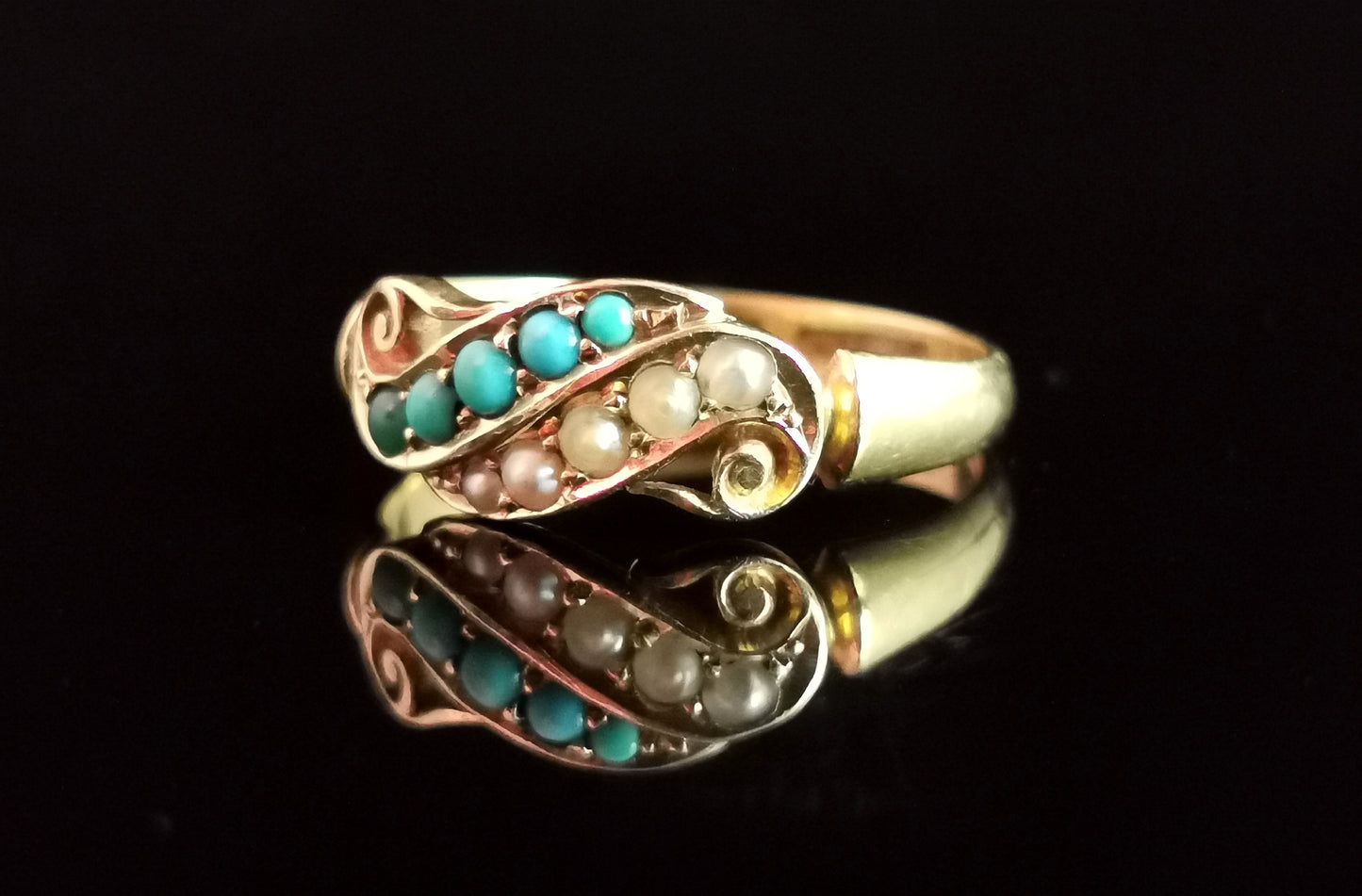 Antique Turquoise and pearl ring, 18ct gold, Victorian