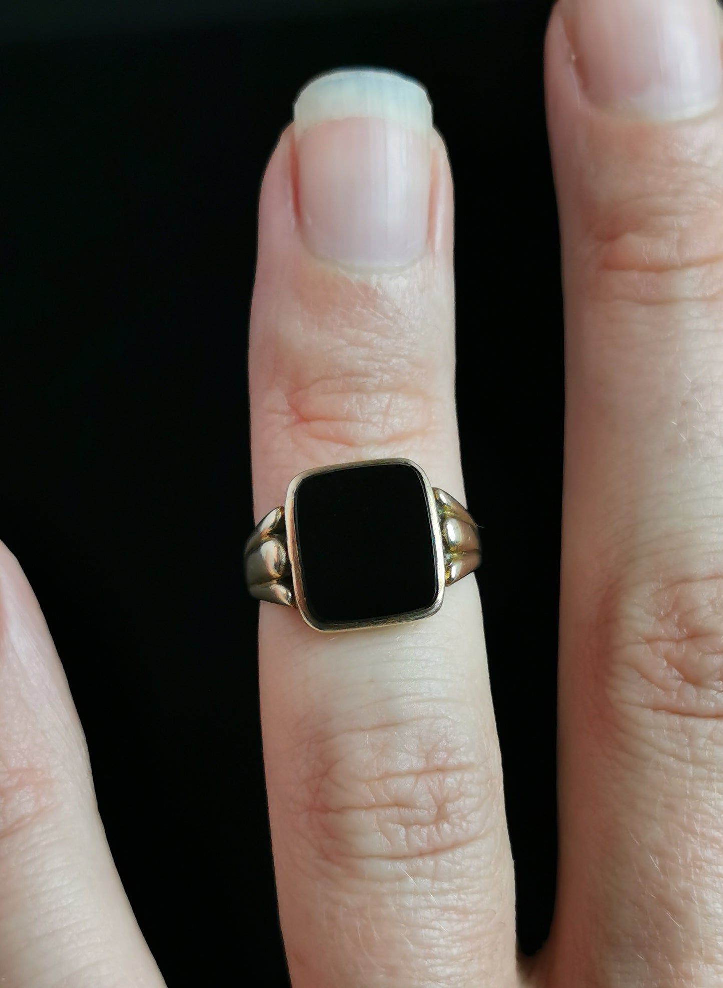 Vintage onyx signet ring, 9ct gold, pinky ring