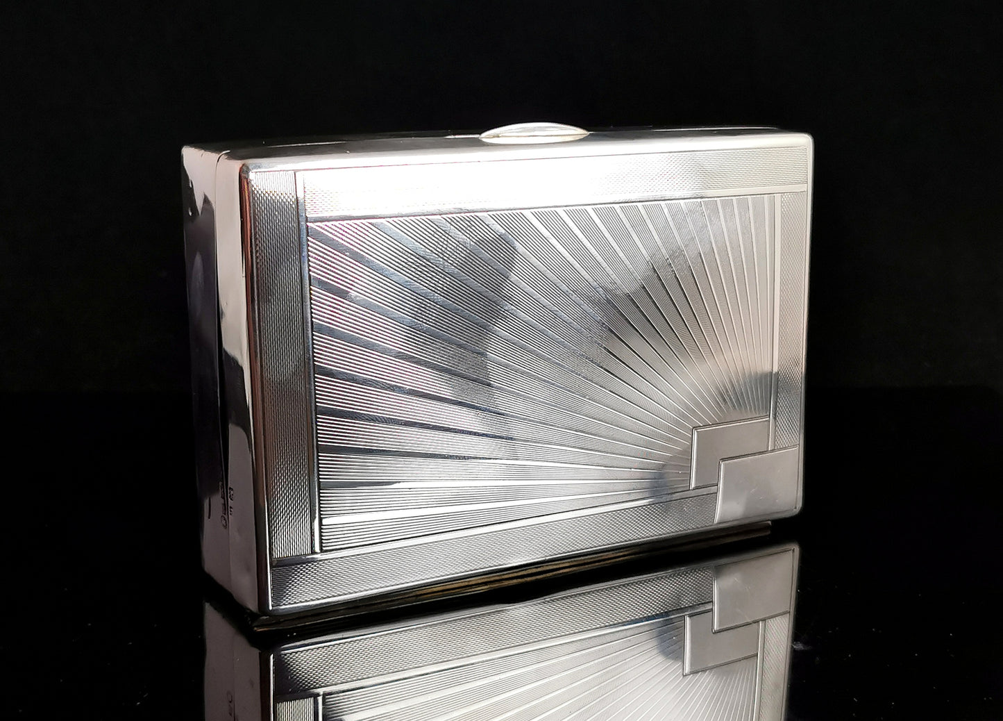 Vintage Sterling silver cigarette box, heavy, 1930's, Sun ray design