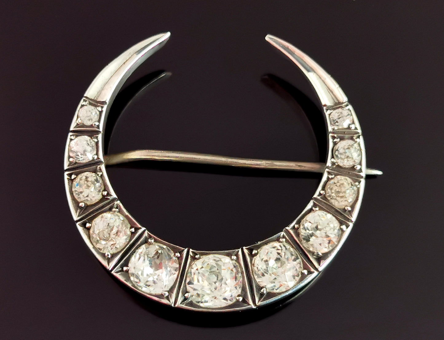 Antique Victorian paste crescent brooch, Moon, Sterling silver