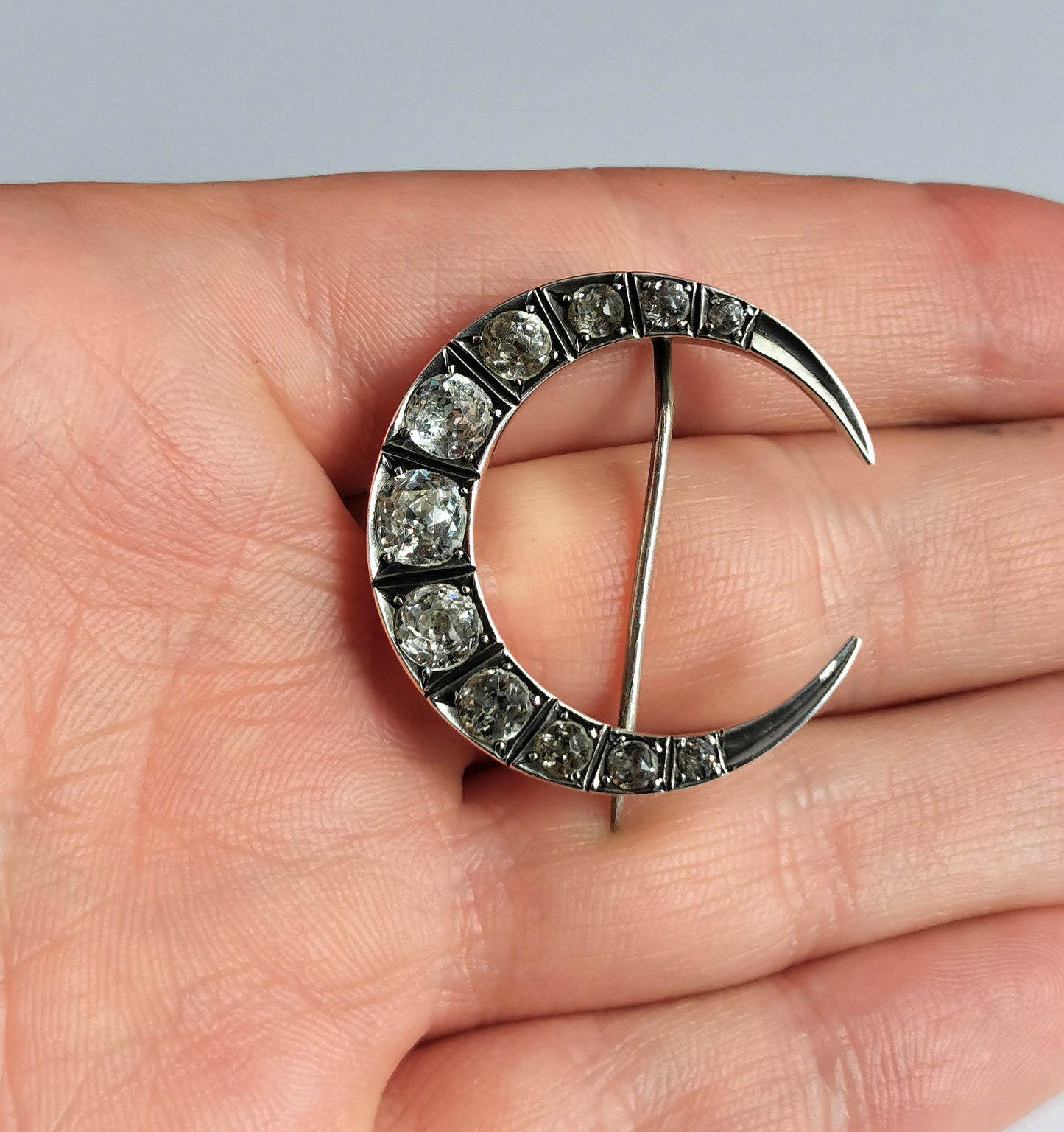 Antique Victorian paste crescent brooch, Moon, Sterling silver