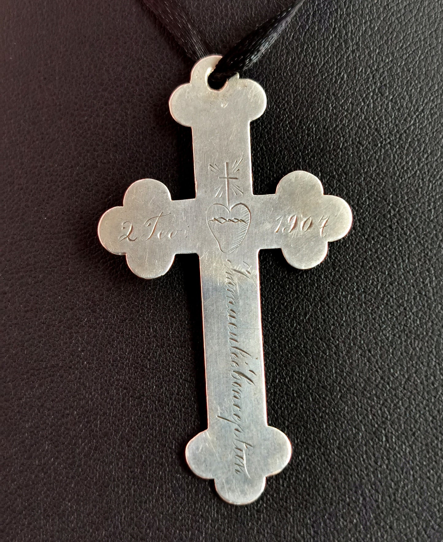 Antique silver cross pendant, heart and dagger