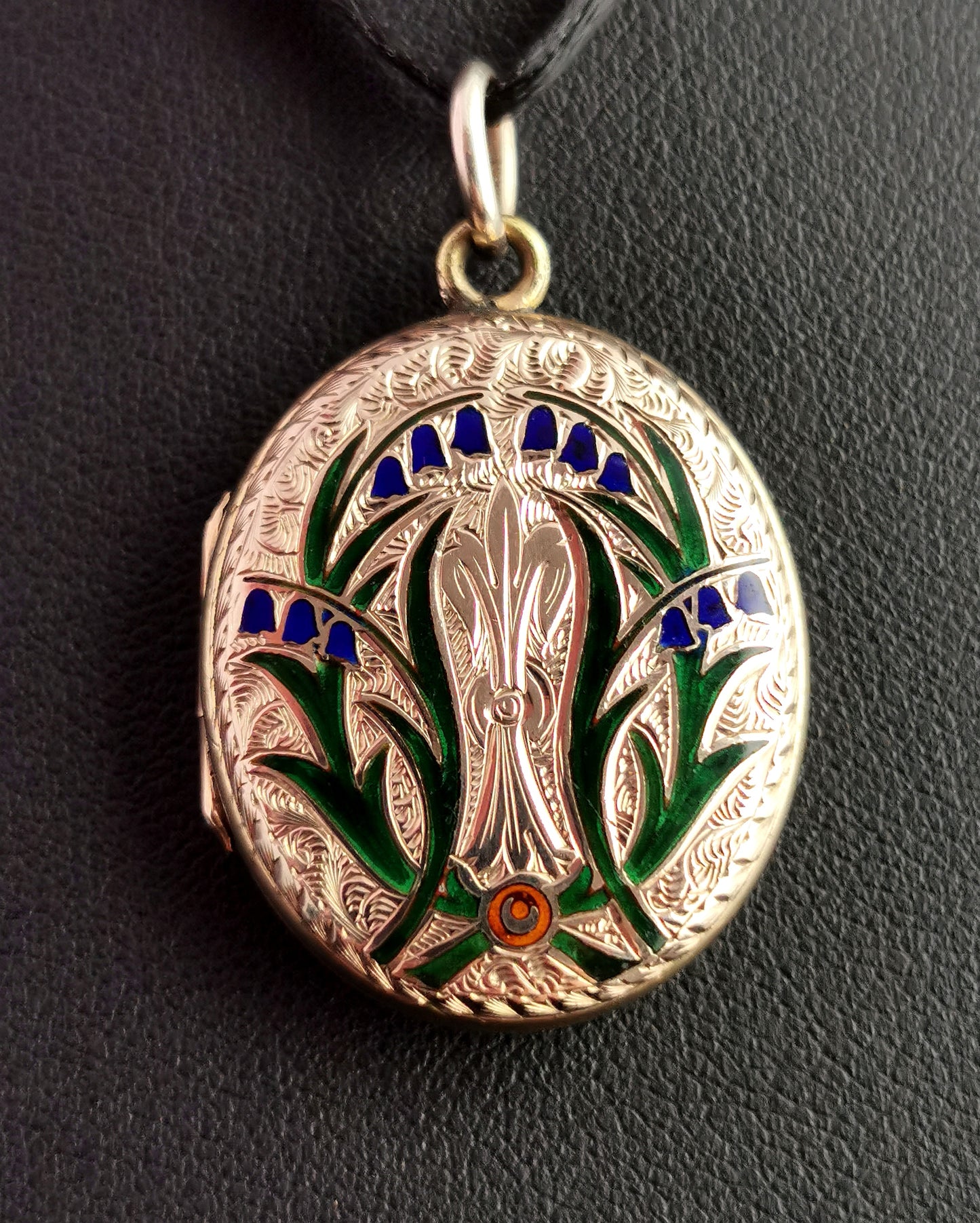 Antique enamelled Bluebells locket, 9ct gold back and front, Victorian