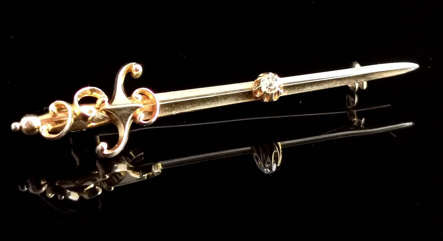 Antique Diamond sword brooch, 9ct yellow gold, Edwardian