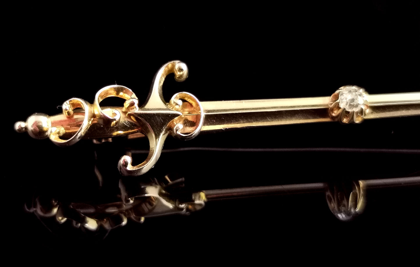 Antique Diamond sword brooch, 9ct yellow gold, Edwardian
