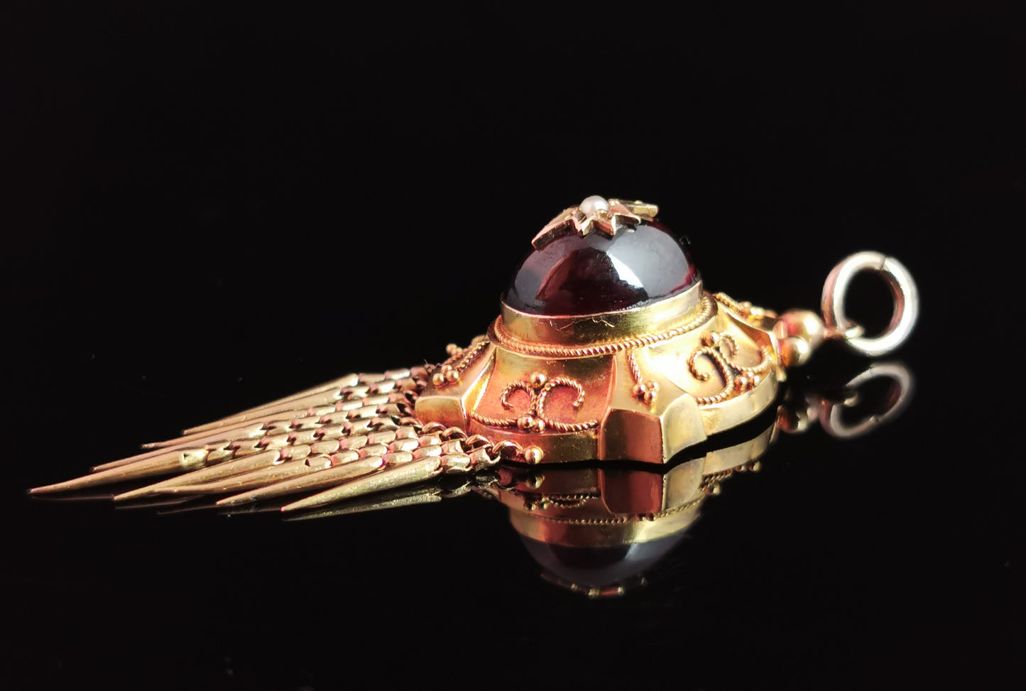 Antique Victorian cabochon Garnet tassel pendant, pearl star