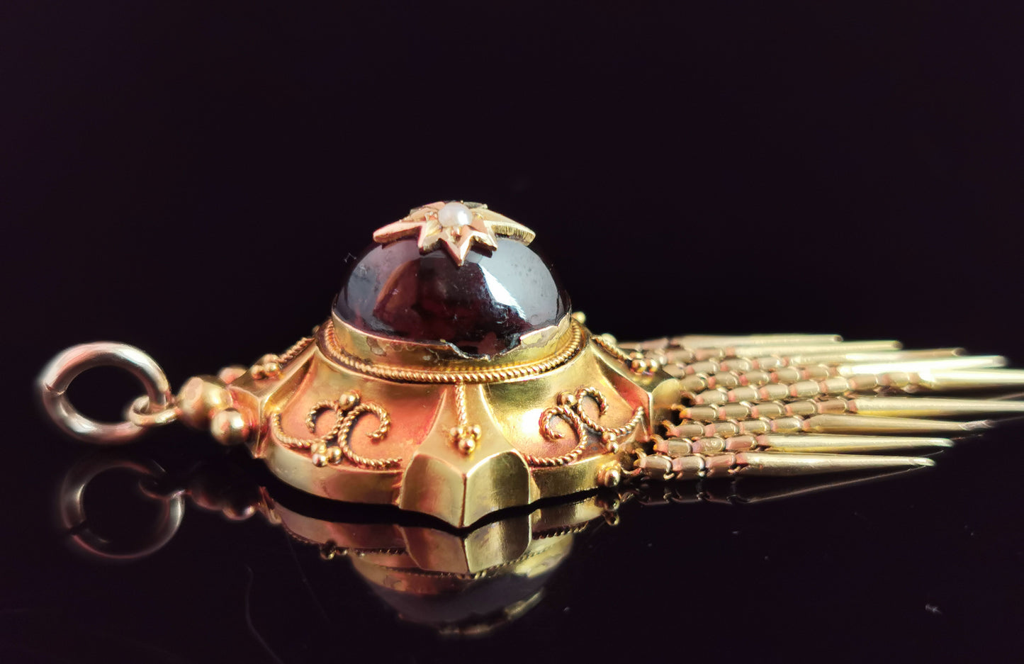 Antique Victorian cabochon Garnet tassel pendant, pearl star