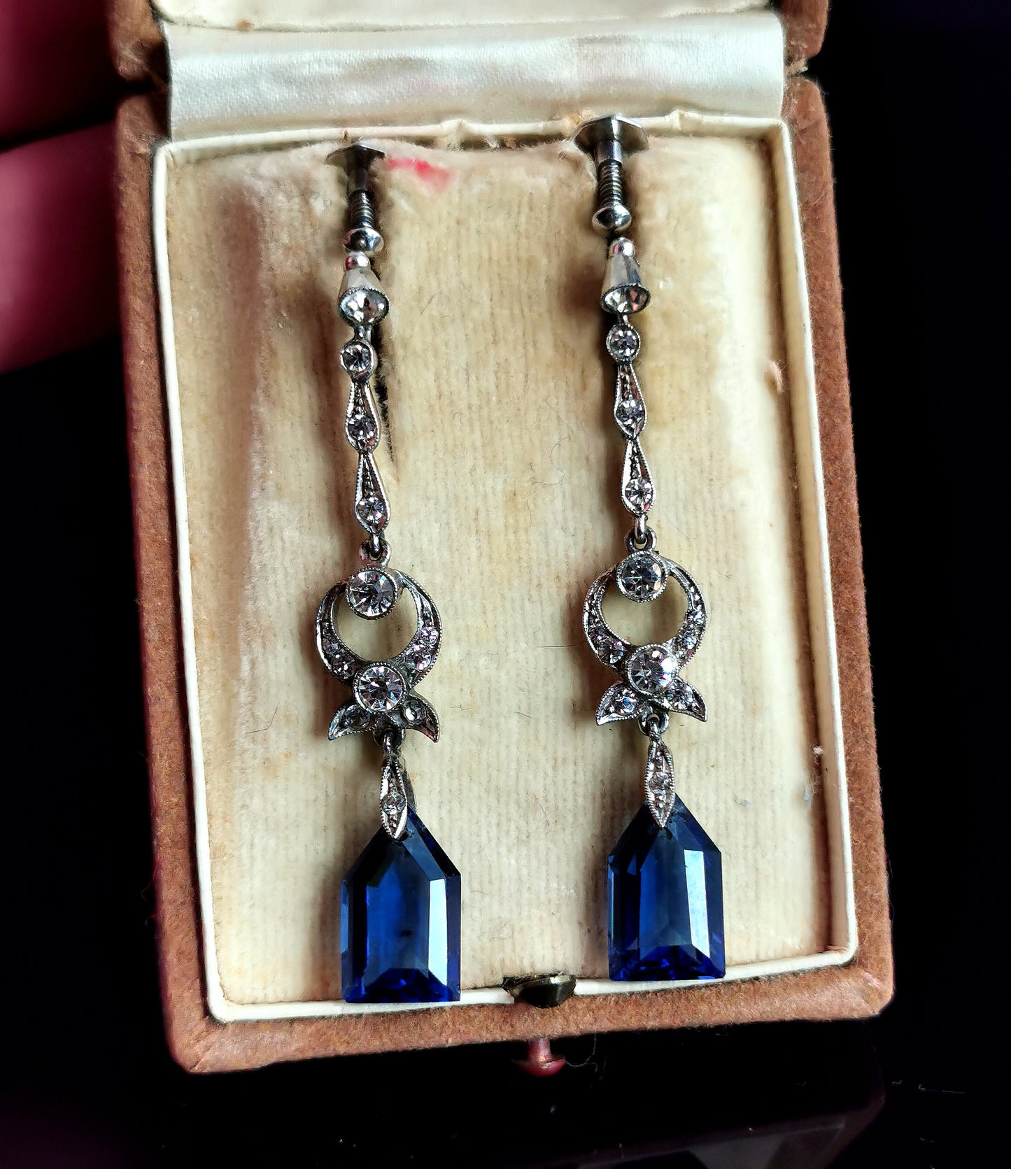 Vintage Art Deco drop earrings, Zircon and blue paste, boxed