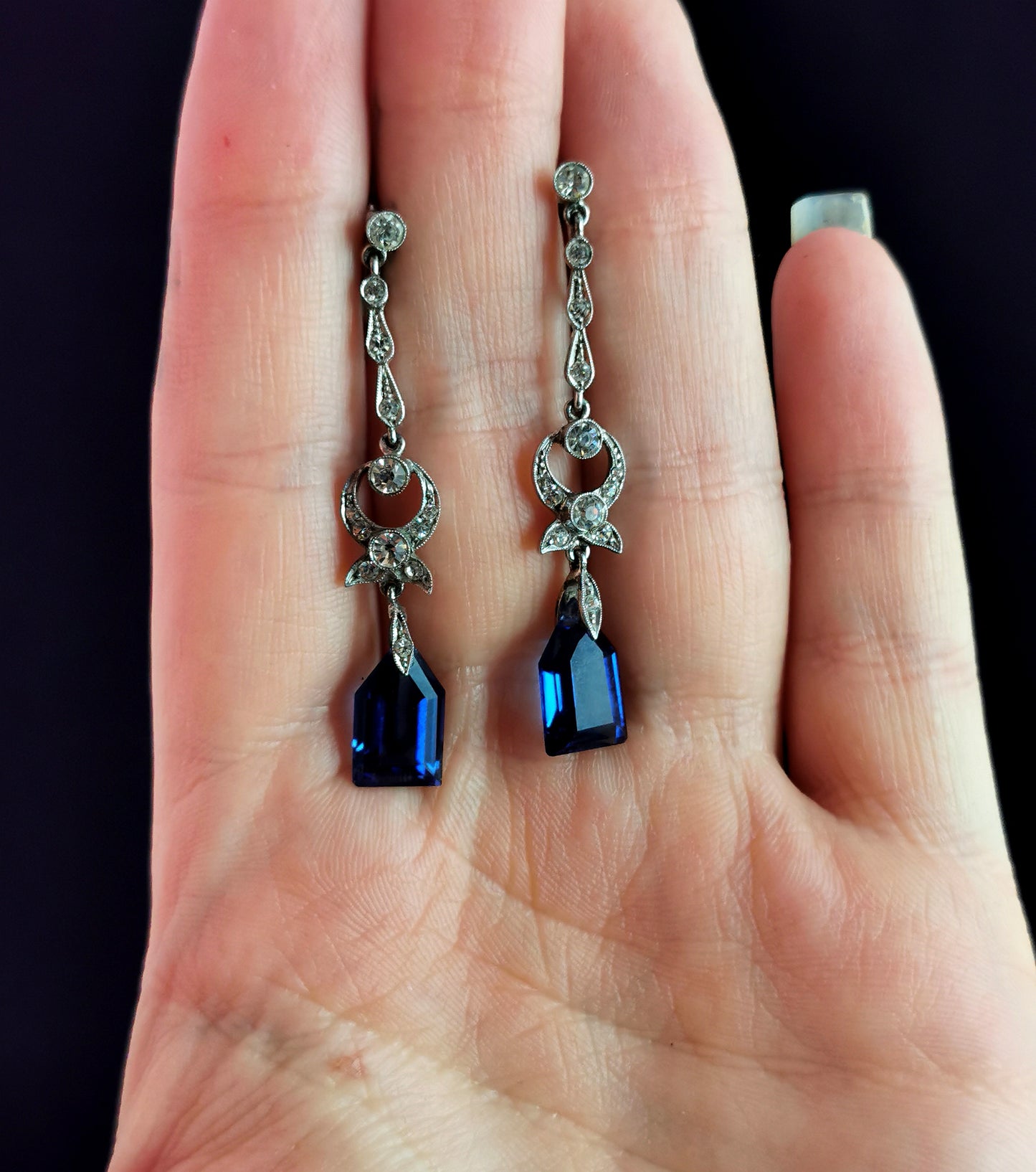 Vintage Art Deco drop earrings, Zircon and blue paste, boxed