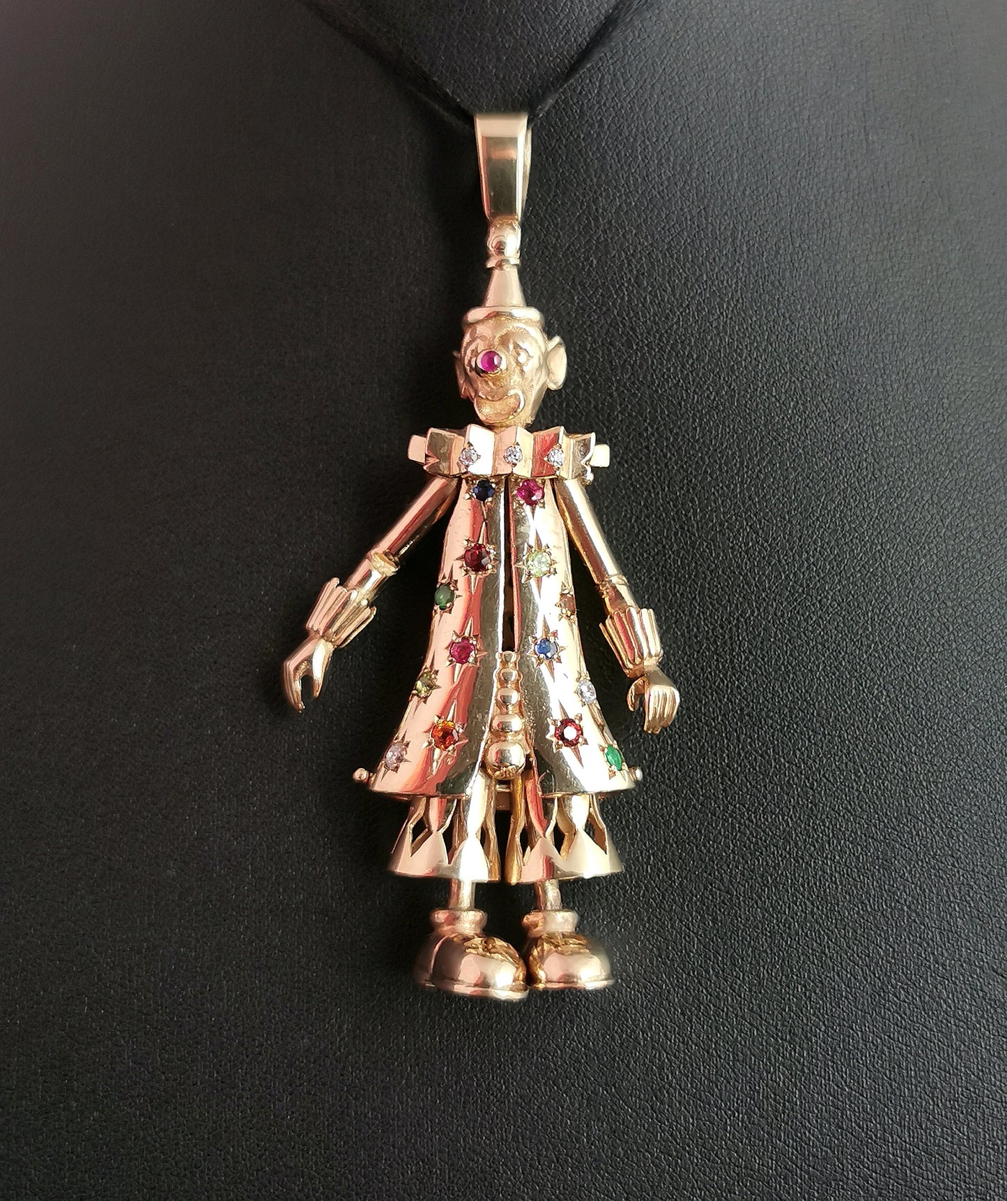 Huge Vintage 9k yellow gold clown pendant, Articulated, Gemstone, 1990s
