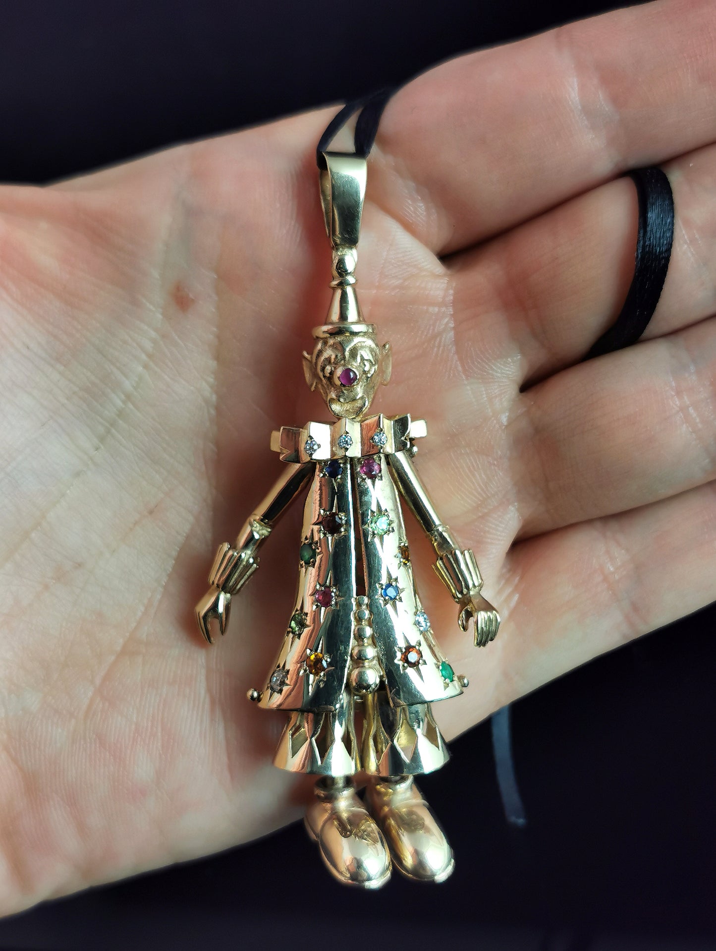 Huge Vintage 9k yellow gold clown pendant, Articulated, Gemstone, 1990s