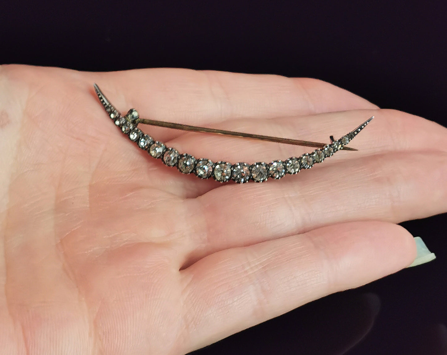 Antique fine silver and paste crescent moon brooch