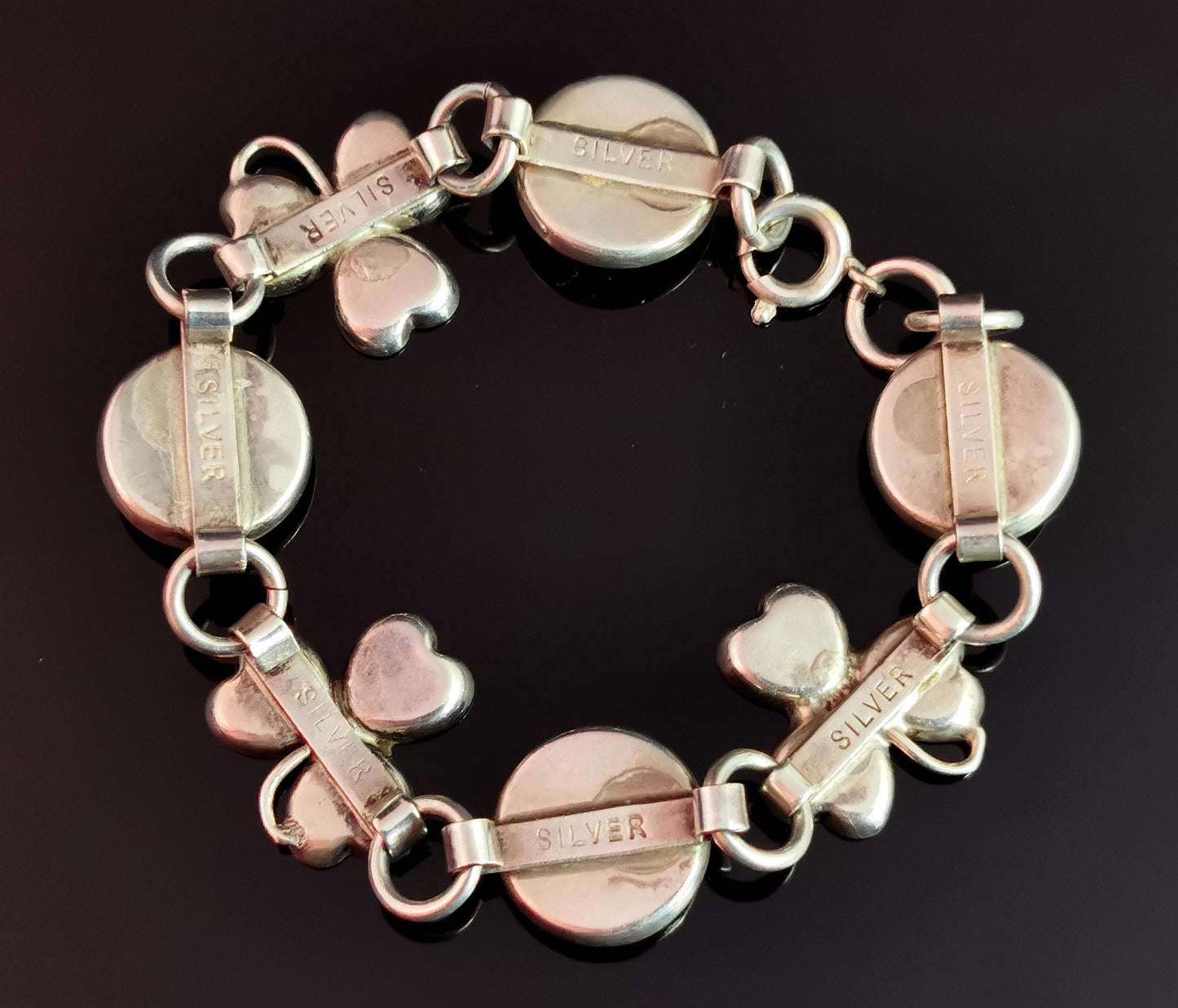 Antique Silver Shamrock bracelet, clover, Connemara marble, c1900s