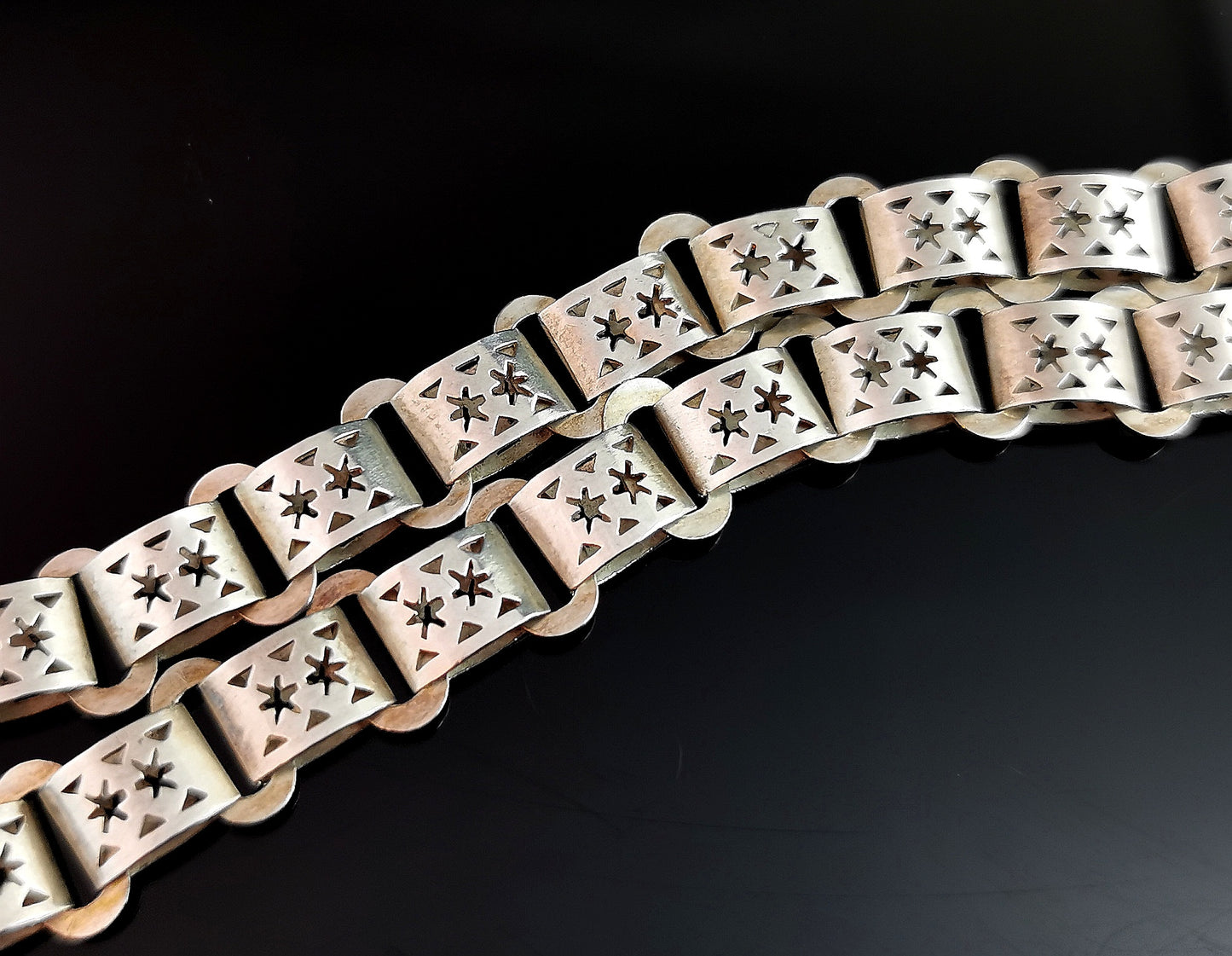 Antique Victorian silver book chain necklace, star links