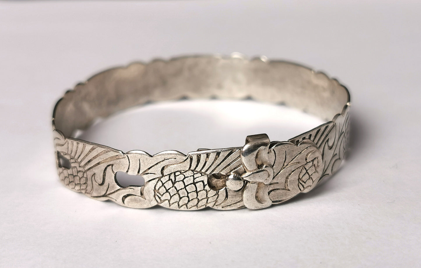 Antique Scottish silver Thistle bangle, buckle design