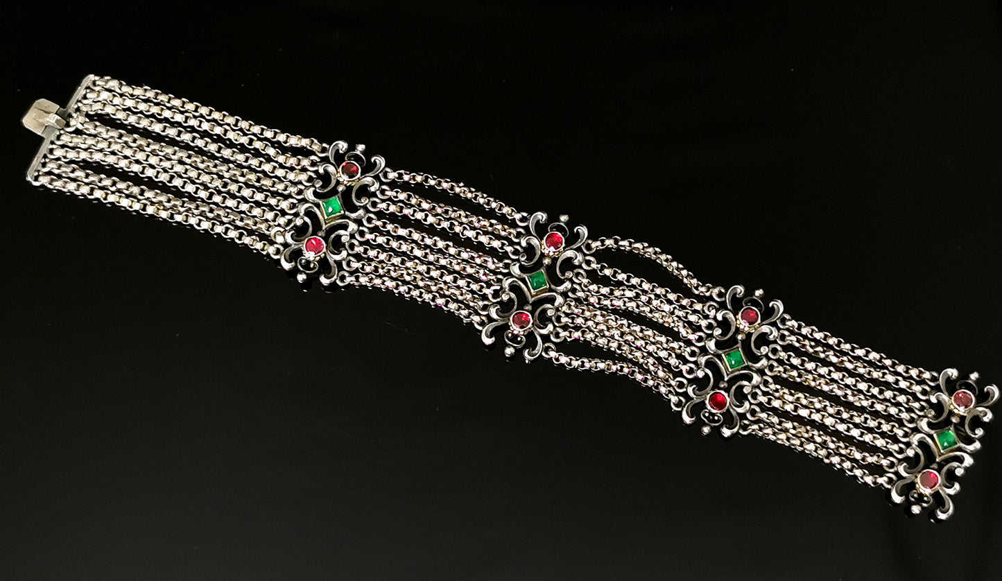 Antique Austro Hungarian bracelet, Garnet and Chalcedony, 800 Silver, Multi strand