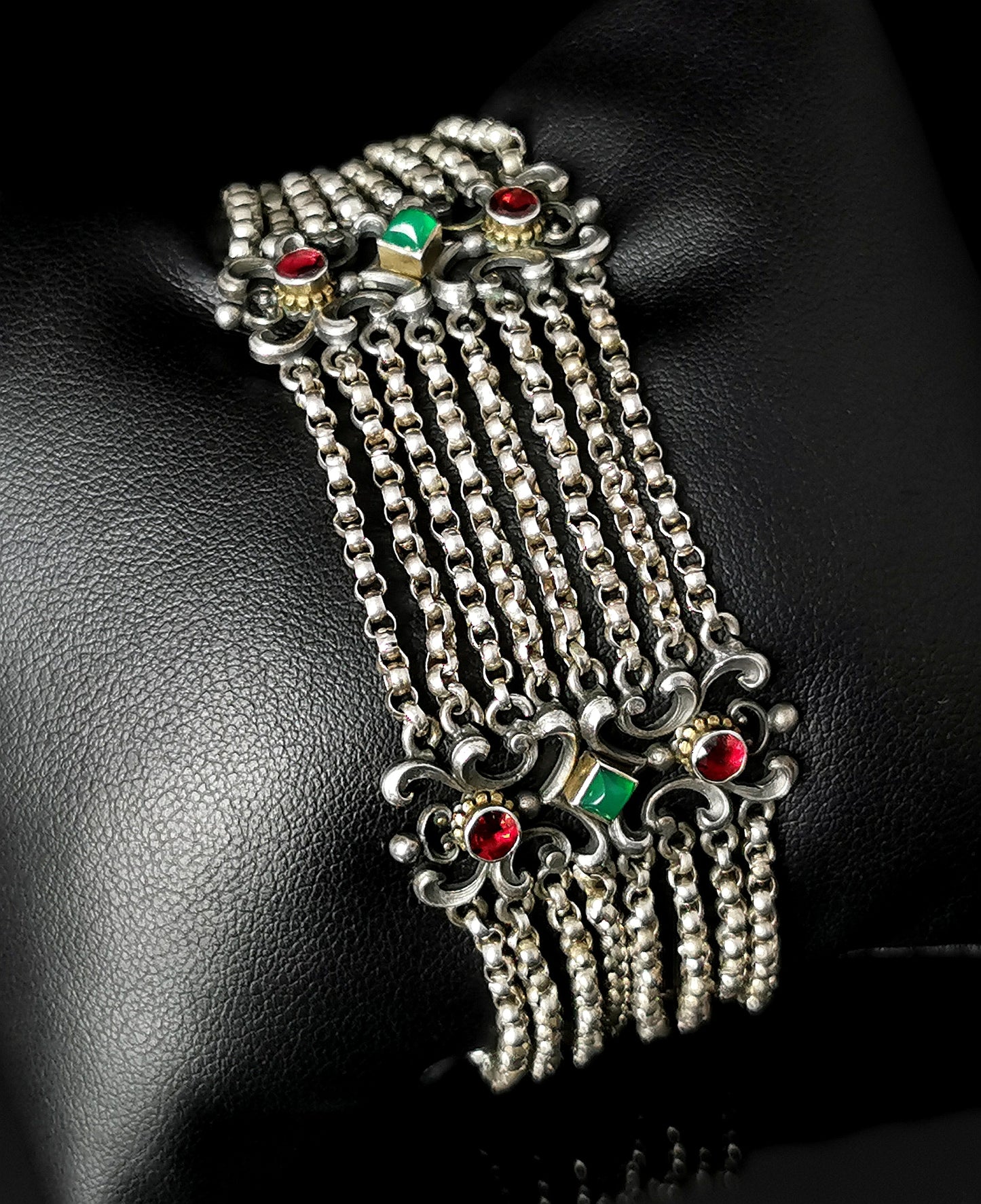 Antique Austro Hungarian bracelet, Garnet and Chalcedony, 800 Silver, Multi strand