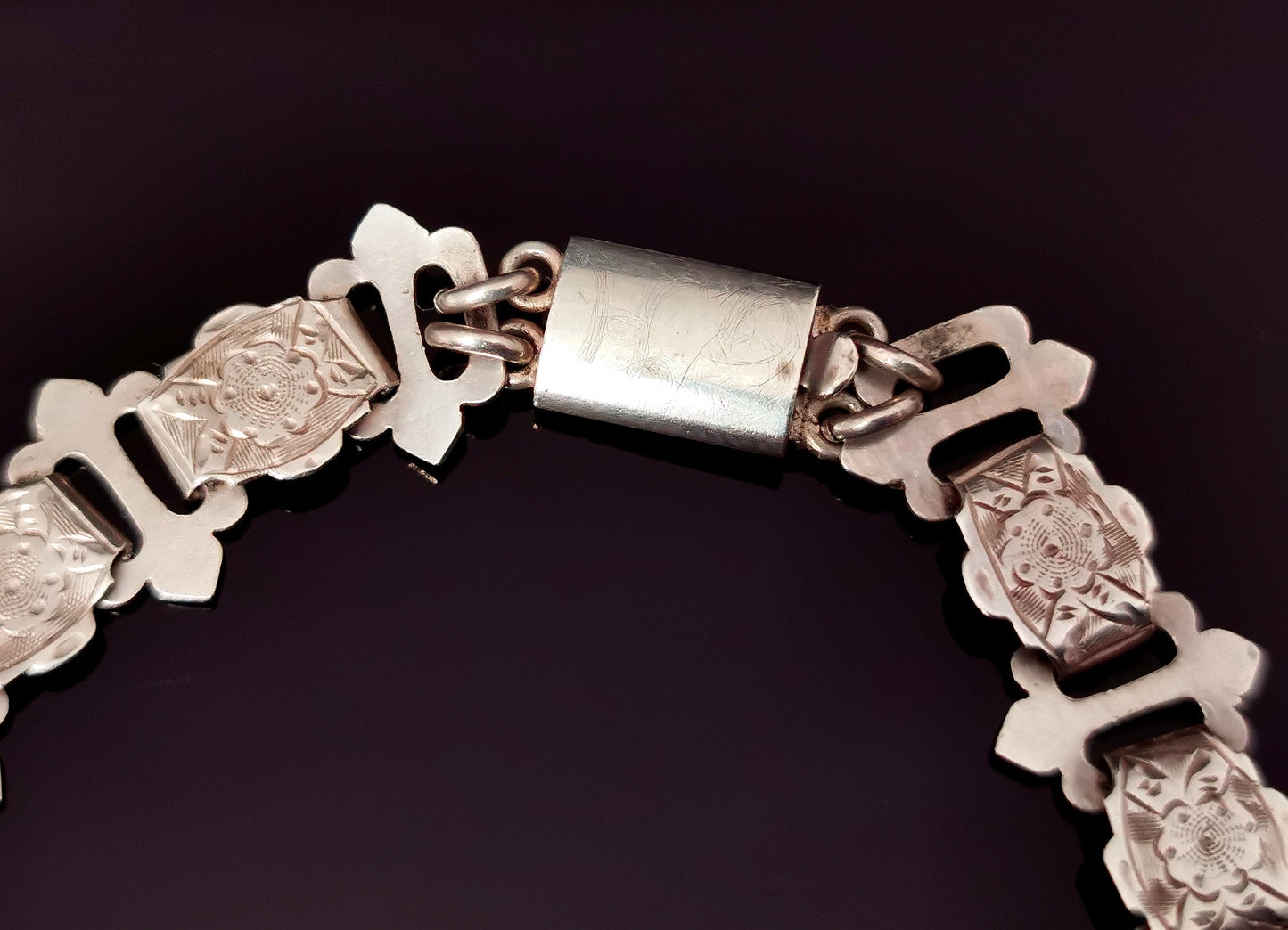 Antique Victorian silver book chain bracelet, floral