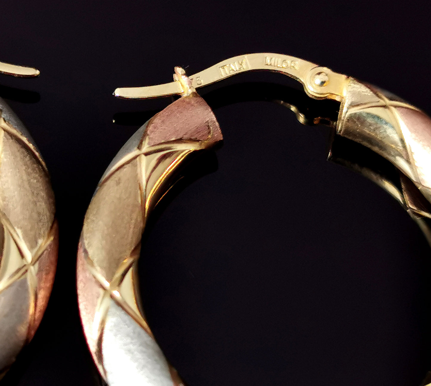 Vintage 9ct tri colour gold hoop earrings, Italian, Engraved