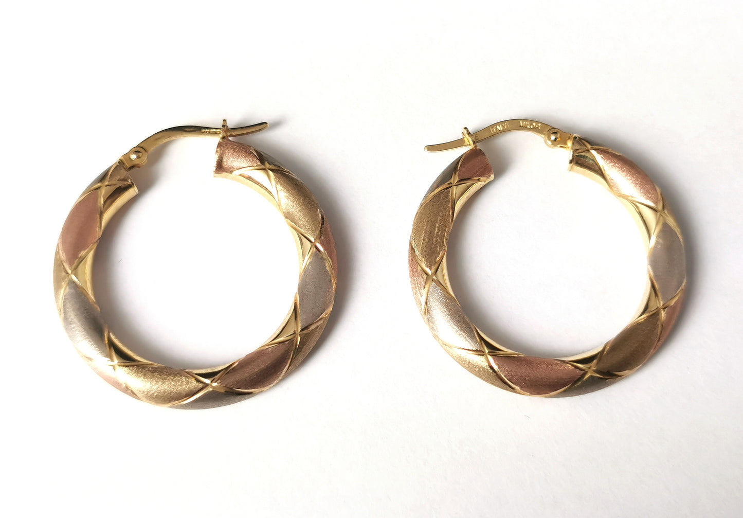 Vintage 9ct tri colour gold hoop earrings, Italian, Engraved