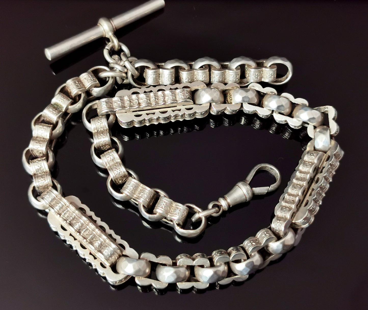 Antique silver Albert chain, fancy link, watch chain, Victorian