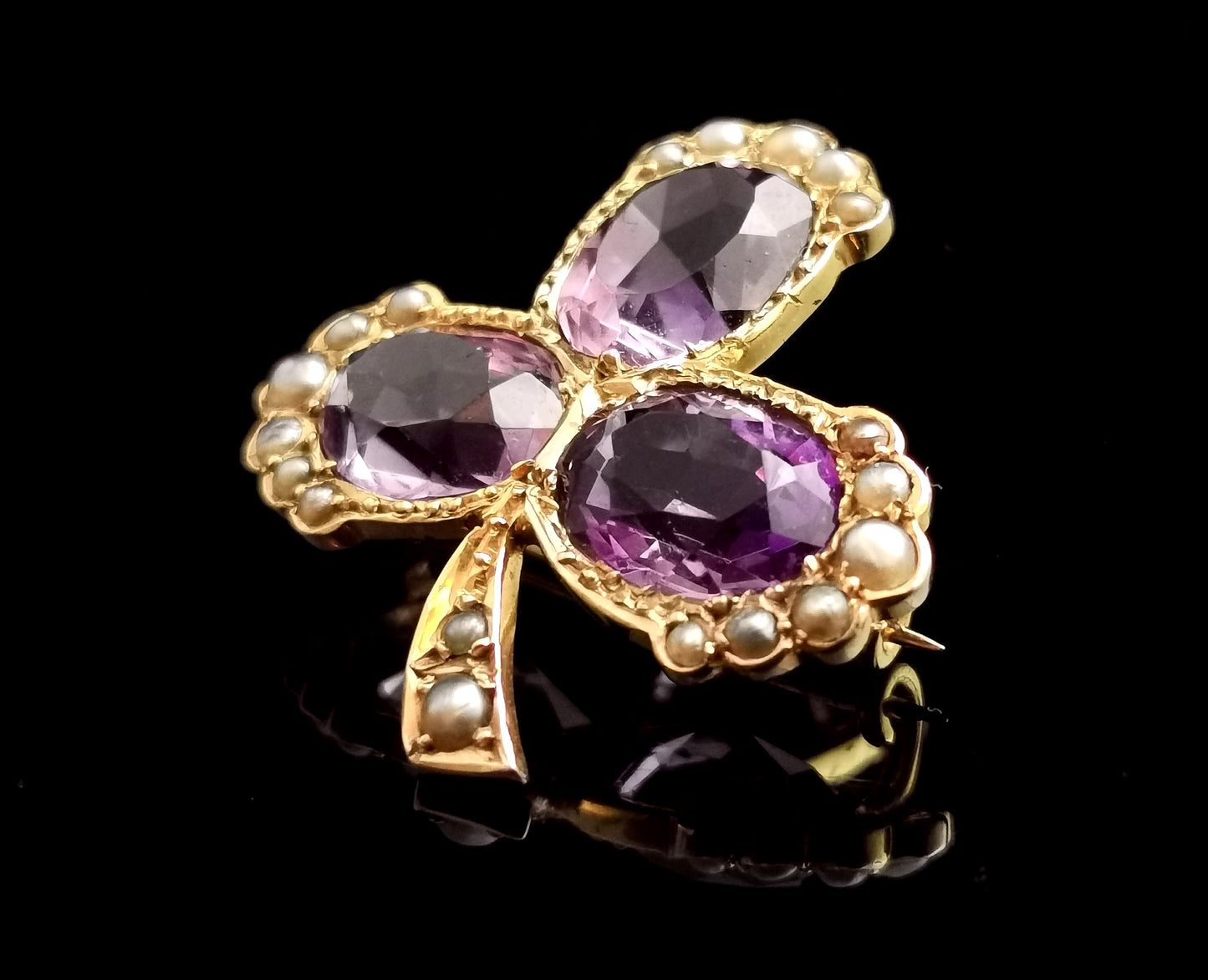 Antique Amethyst and pearl Shamrock brooch, clover, 15ct gold, Victorian