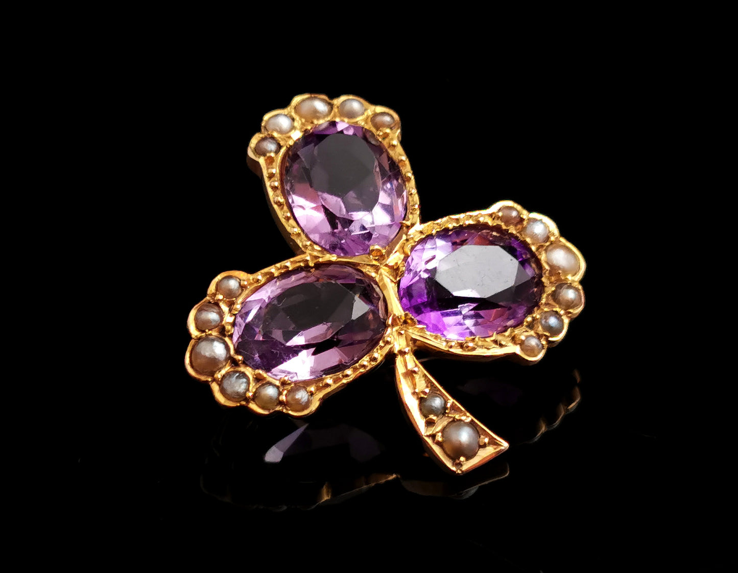 Antique Amethyst and pearl Shamrock brooch, clover, 15ct gold, Victorian