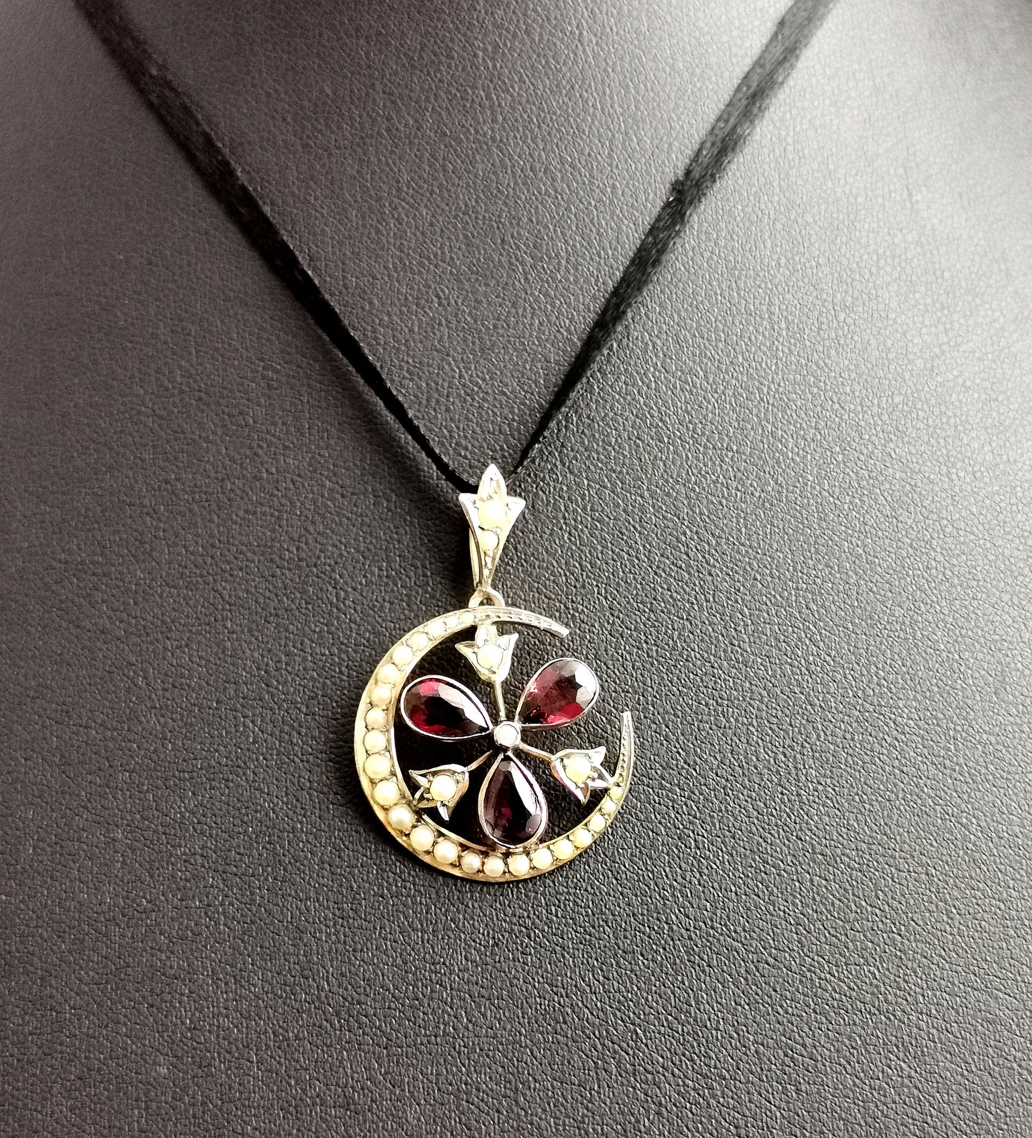 Antique Garnet and pearl Crescent and Shamrock pendant, 9ct gold