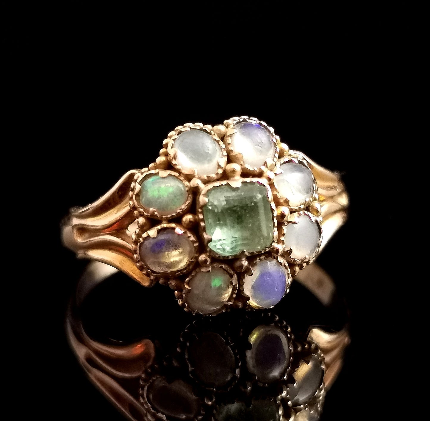 Antique Opal and Emerald cluster ring, 18ct gold, Victorian