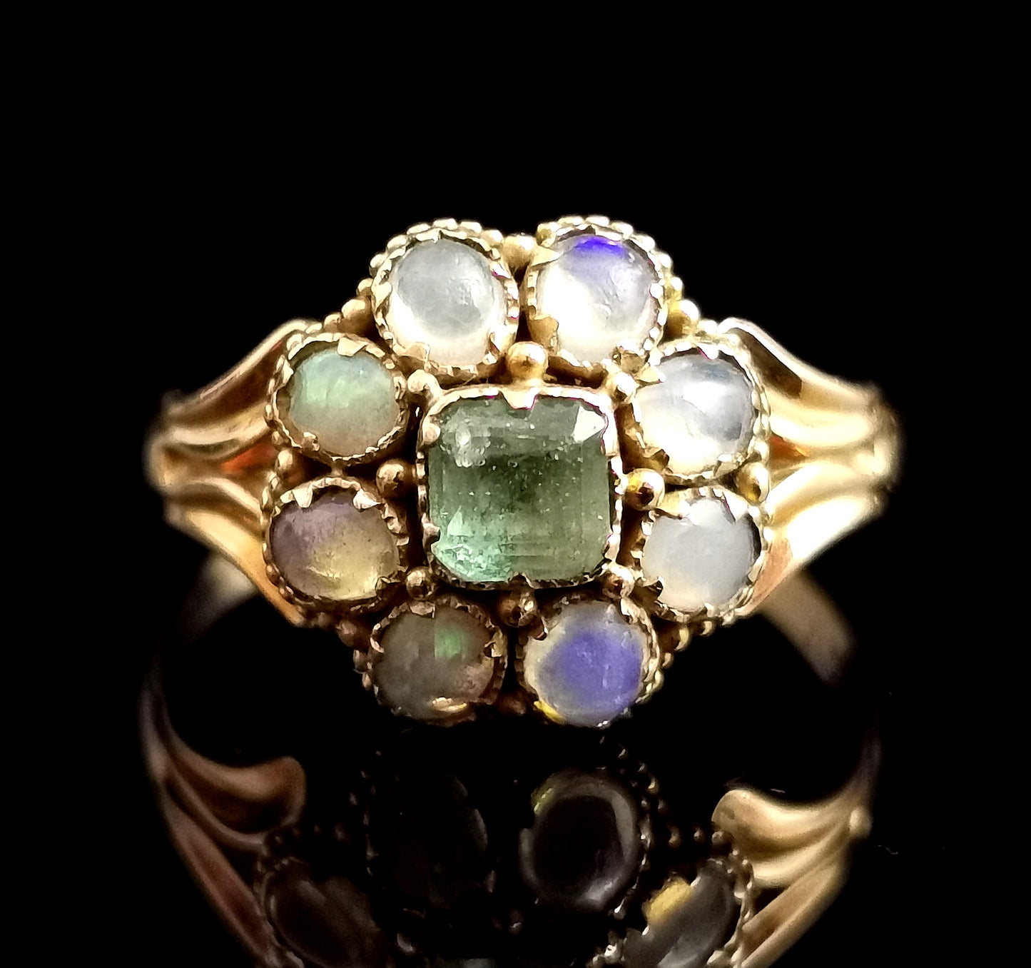 Antique Opal and Emerald cluster ring, 18ct gold, Victorian