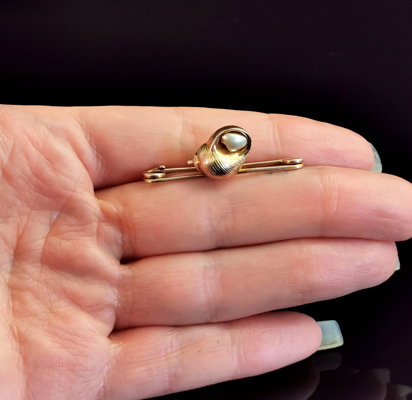 Antique 9ct gold seashell brooch, Baroque pearl, Victorian