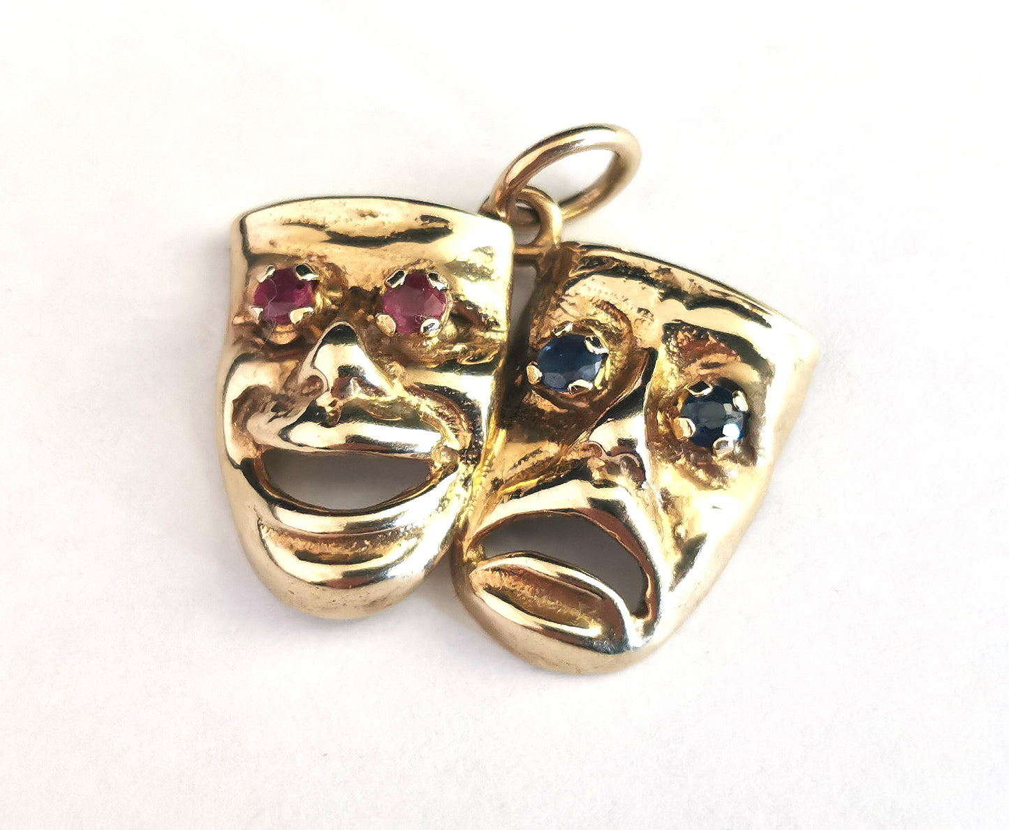 Vintage 9ct gold Comedy and Tragedy pendant, Ruby and Sapphire