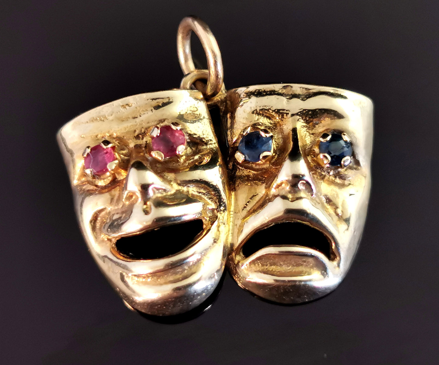 Vintage 9ct gold Comedy and Tragedy pendant, Ruby and Sapphire