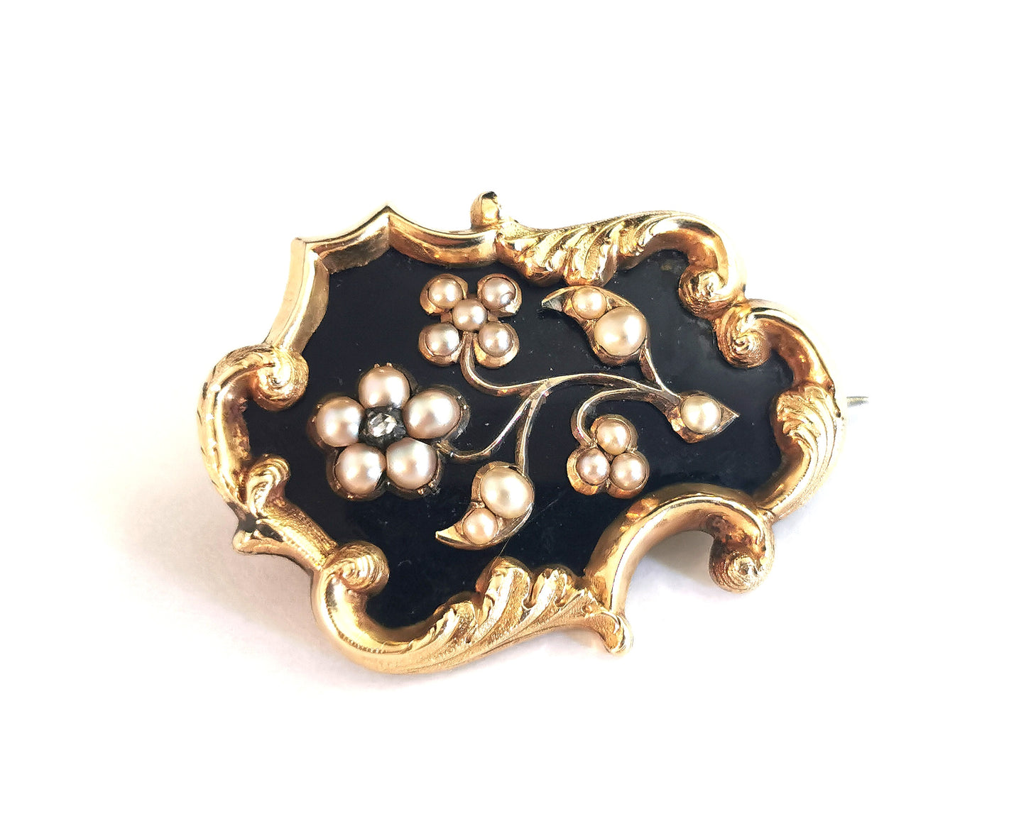 Antique Victorian mourning brooch, Pearl, Diamond and black enamel, Forget me not flower