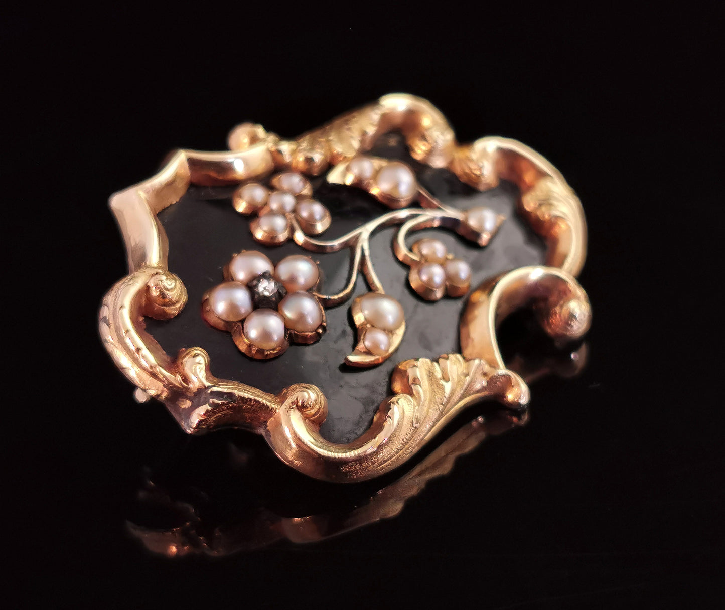 Antique Victorian mourning brooch, Pearl, Diamond and black enamel, Forget me not flower