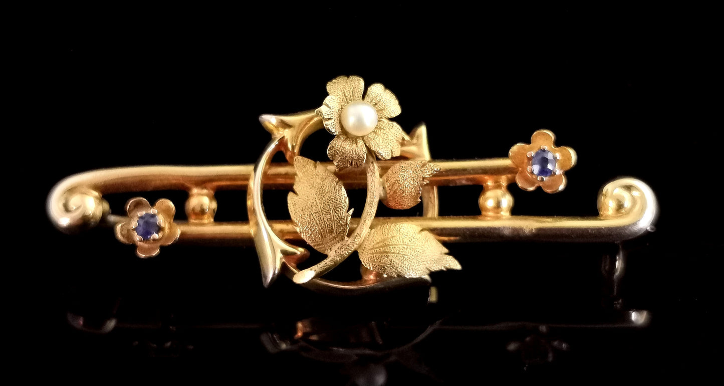 Antique Art Nouveau Sapphire and Pearl flower brooch, 15ct gold, Boxed