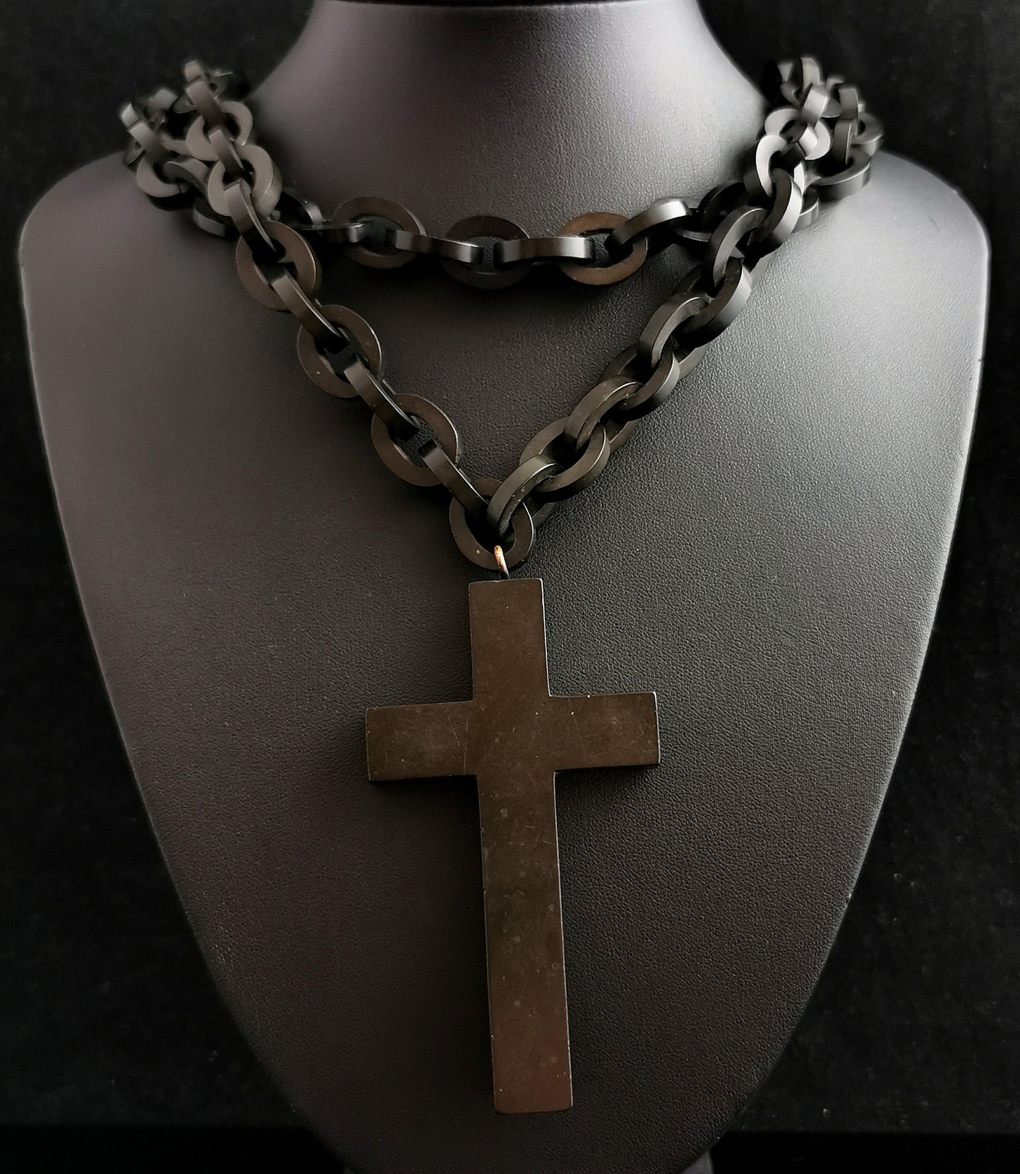 Antique Victorian Jet long chain necklace, Vulcanite Cross pendant, Mourning