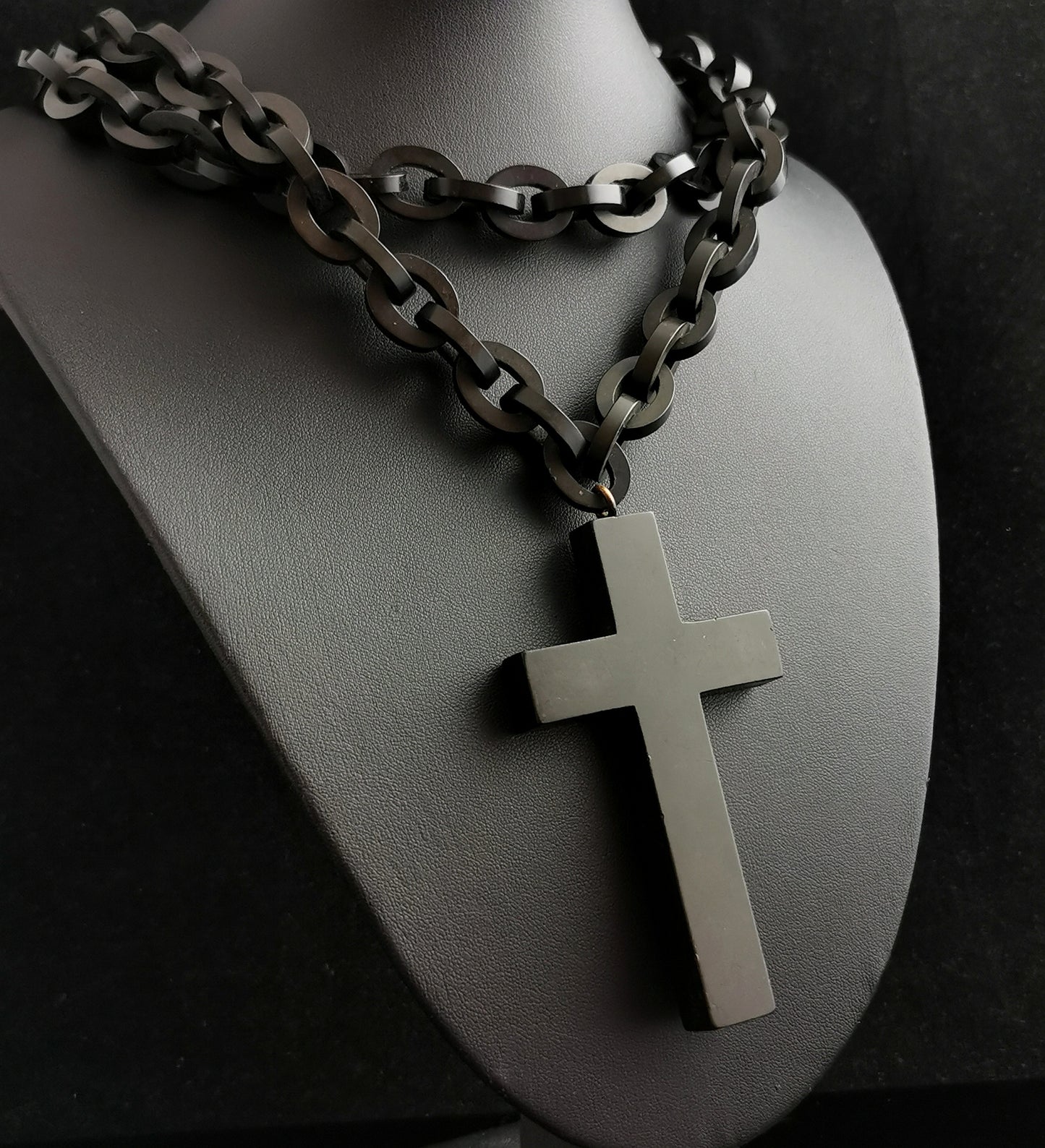 Antique Victorian Jet long chain necklace, Vulcanite Cross pendant, Mourning